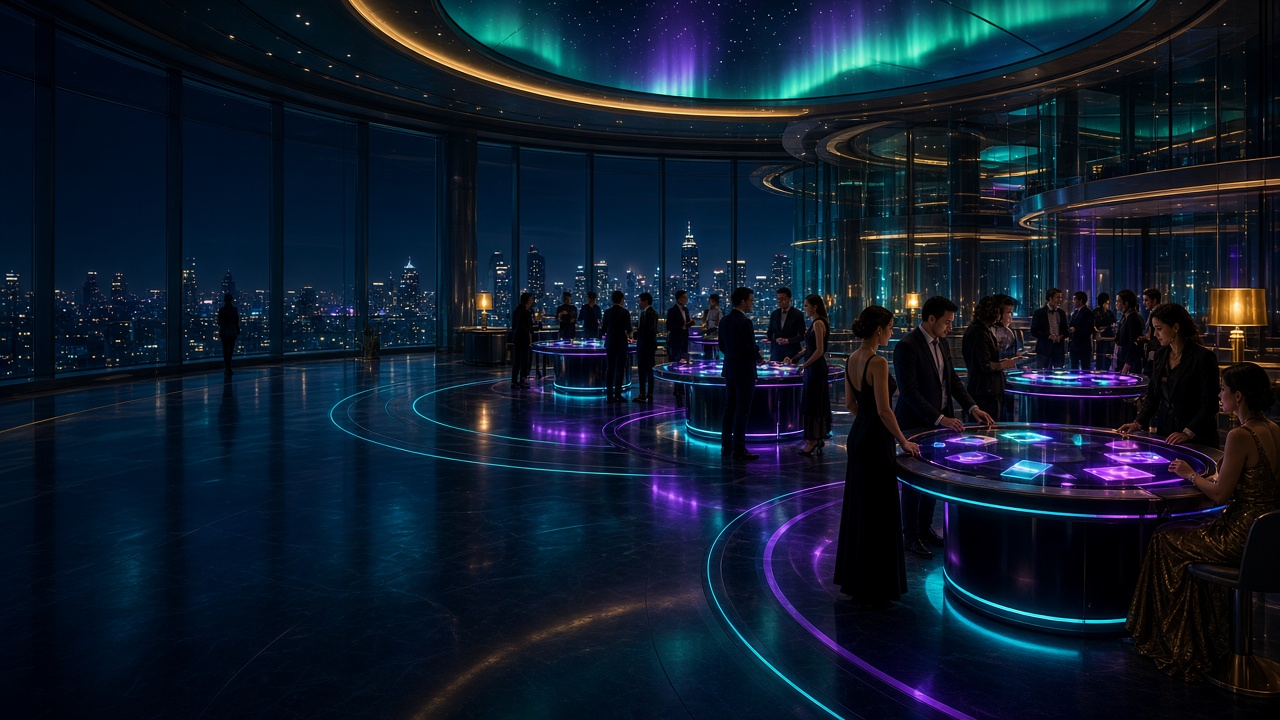 Guests gathering around luminous table lounges inside the OnlineArenaNL night plaza